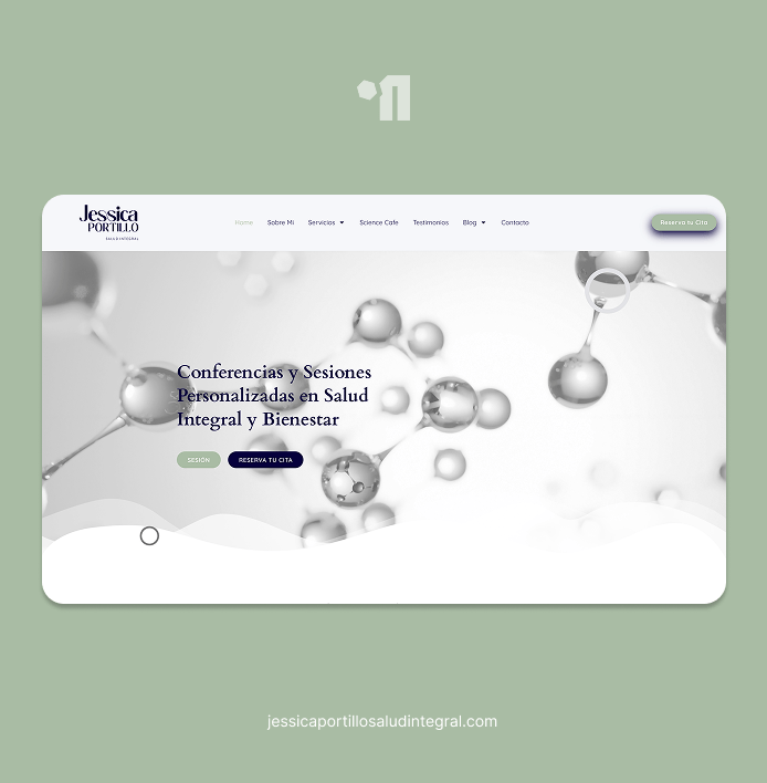 Pantalla de inicio de web de salud con fondo molecular y texto sobre conferencias y sesiones