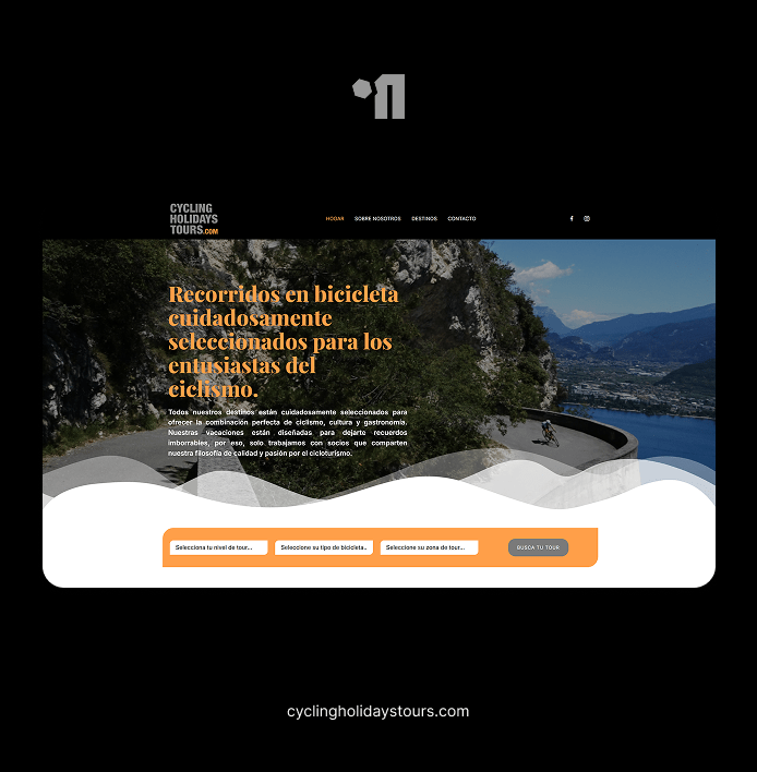 Página web de recorridos en bicicleta con imagen de carretera montañosa y ciclista