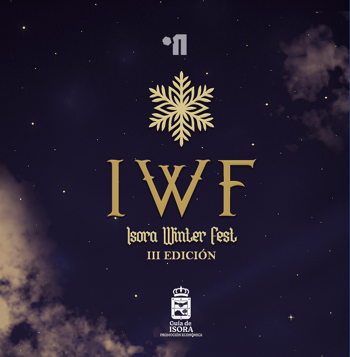 Cartel nocturno con copo de nieve dorado, letras IWF y texto Isora Winter Fest III edición