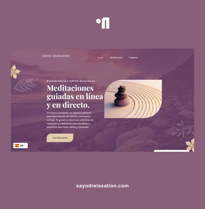 Página principal de Sayod Relaxation con texto sobre meditaciones guiadas y foto de piedras zen