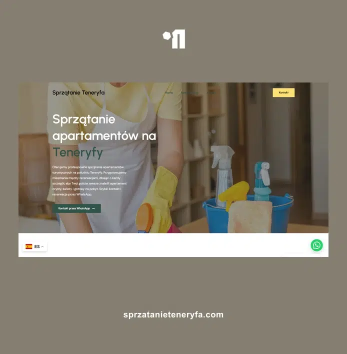 Captura de sitio web de limpieza en Tenerife con persona con guantes y cubo de productos de limpieza