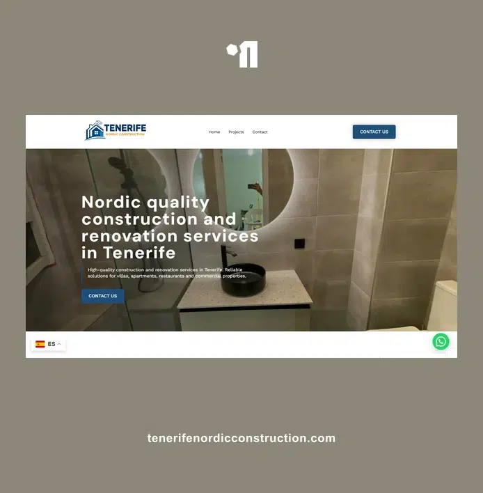 Captura de pantalla del sitio de Tenerife Nordic Construction con baño renovado y texto promocional